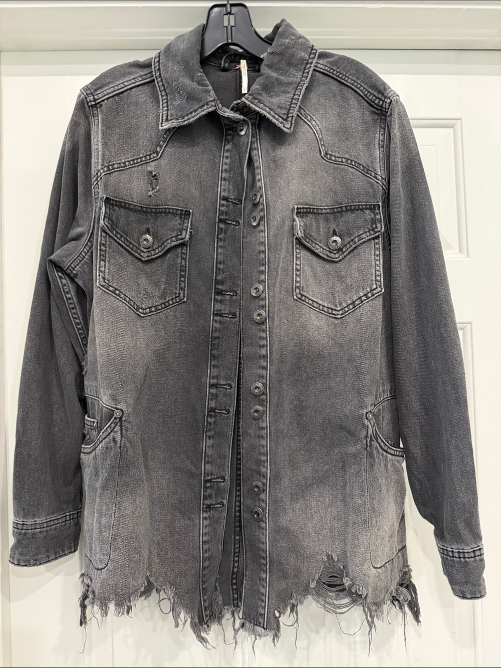 Free People Gray Distressed Denim Jacket